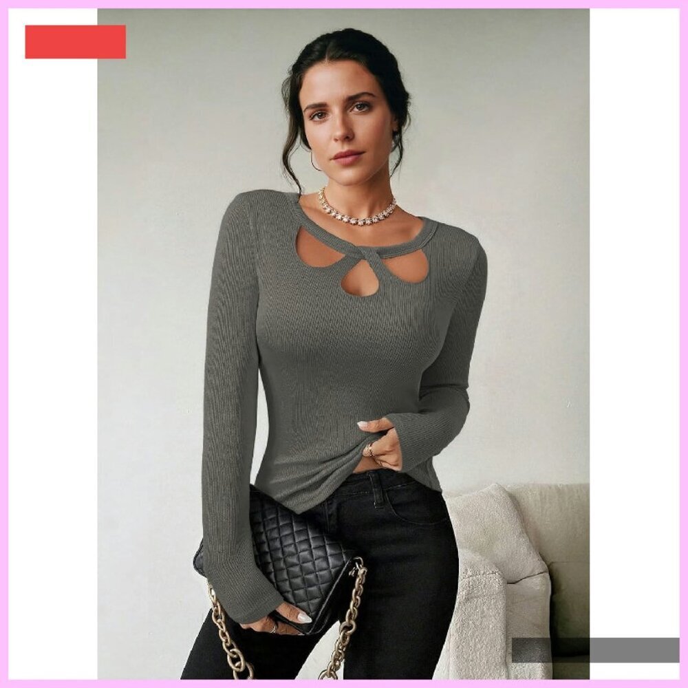 Long Sleeve Ribbed Knit Top with Keyhole Neckline - Stretch Fit - Picture 2 of 4